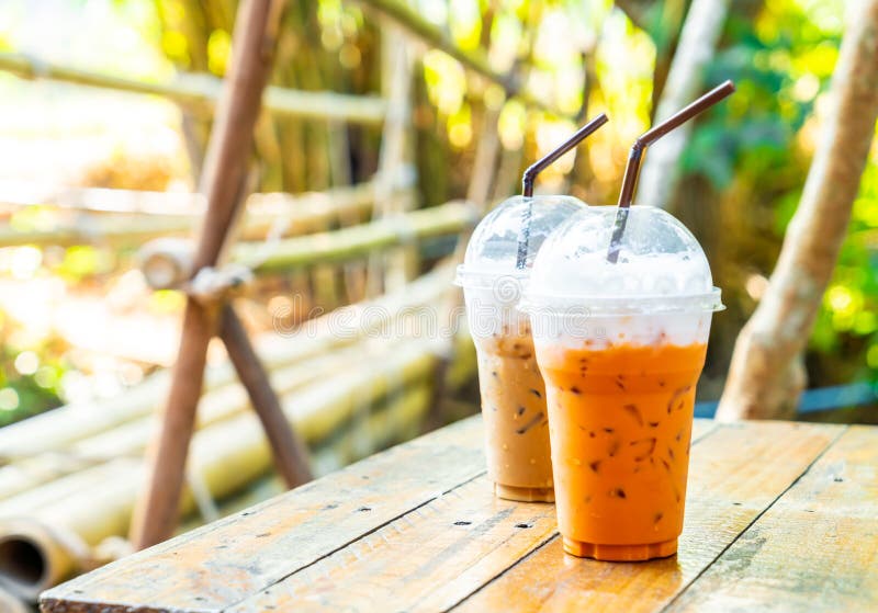 Iced Thai Milk Tea and Iced Coffee Latte Cup Stock Photo Image of