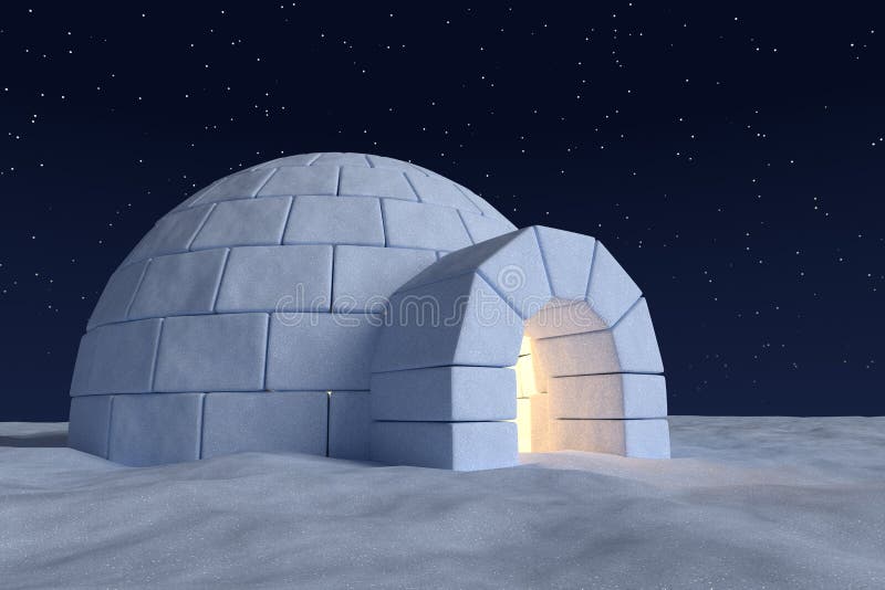 Winter north polar snowy landscape: closeup view of eskimo house igloo icehouse with warm light inside, made with snow at night on surface of snow field under cold night north sky with bright stars. Winter north polar snowy landscape: closeup view of eskimo house igloo icehouse with warm light inside, made with snow at night on surface of snow field under cold night north sky with bright stars