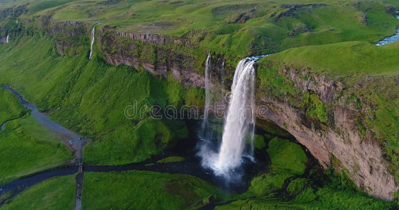 Iceland Aerial drone 4K video of waterfall Seljalandsfoss in Icelandic nature