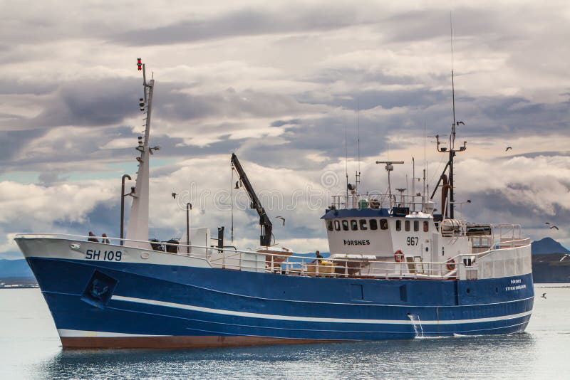 Icelandic fishing boat 967 Thorsnes SH-109 approaching port in Keflavik, Iceland.