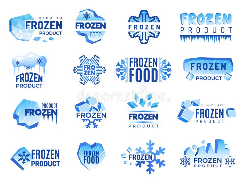 Ices produktlogotyp Frysta grafiska element för livsmedelsföretagsidentitet, blå vektor
