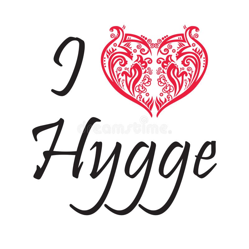 Ich liebe Hygge-Text im Schwarzen, das swirly dänischen Lebensstil mit Blumen-Herzform im Rot auf weißem Hintergrund symbolisiert vektor abbildung Ich liebe Hygge-Text im Schwarzen, das swirly dänischen Lebensstil mit Blumen-Herzform im Rot auf weißem Hintergrund symbolisiert vektor abbildung