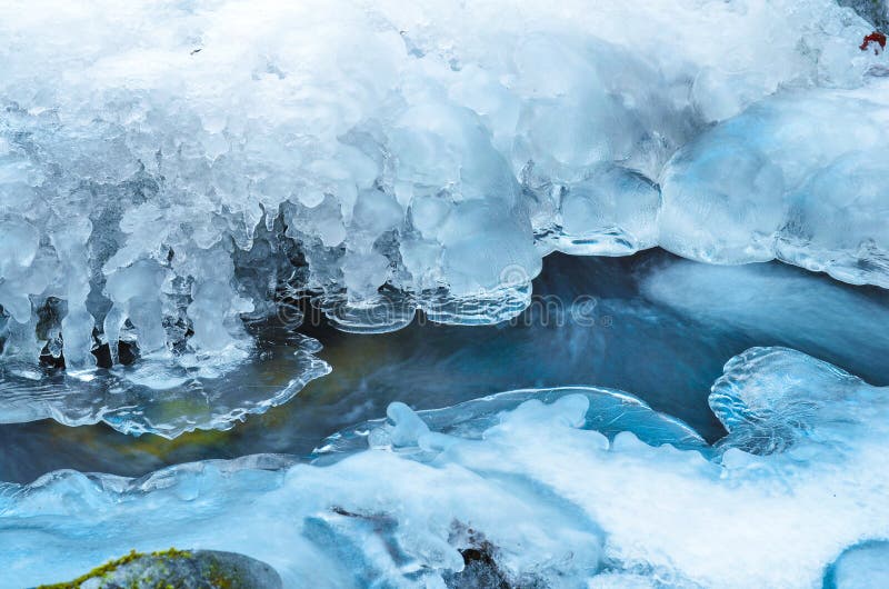 Icicles and stream close up