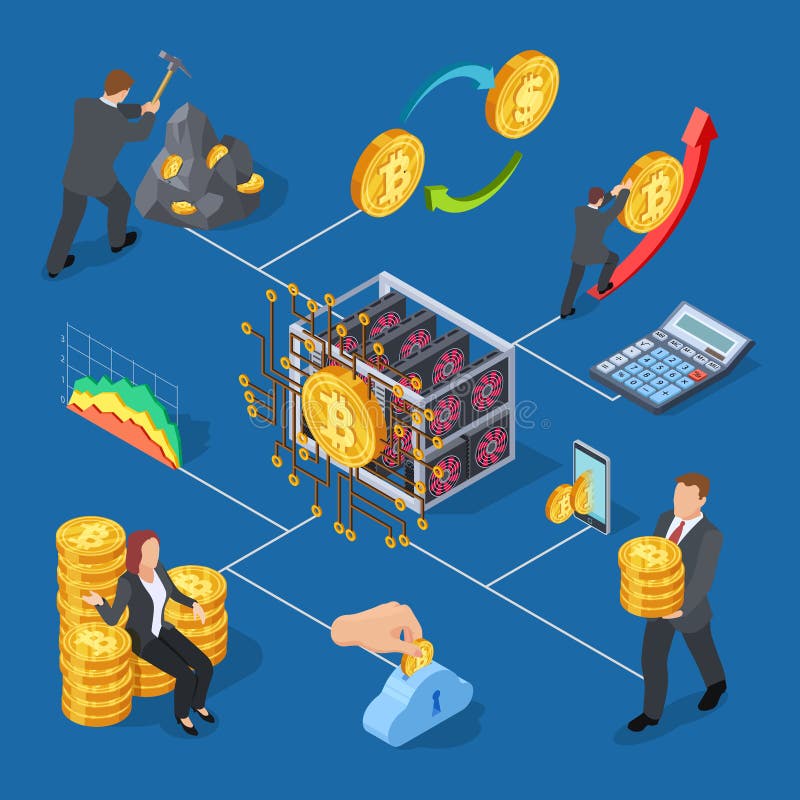 Ico och isometriska symboler för blockchain Bitcoin bryta och illustration för cryptocurrencyutbytesvektor royaltyfri illustrationer