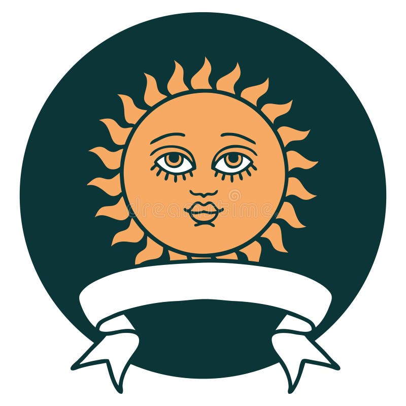 icon with banner of a sun with face