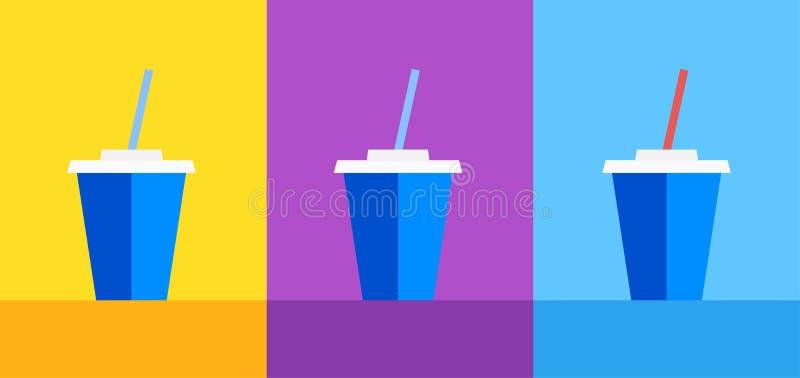 Icon of Blue plastic cup with Coke or Ice Tea on Yellow, violet and blue background. Vector illustration for decoration of Cafe menu or Web site. Coke can vectors