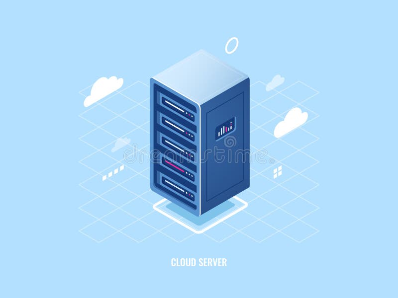 Icon of cloud storage technology, flat isometric server room rack, blockchain security concept, web hosting internet stock illustration