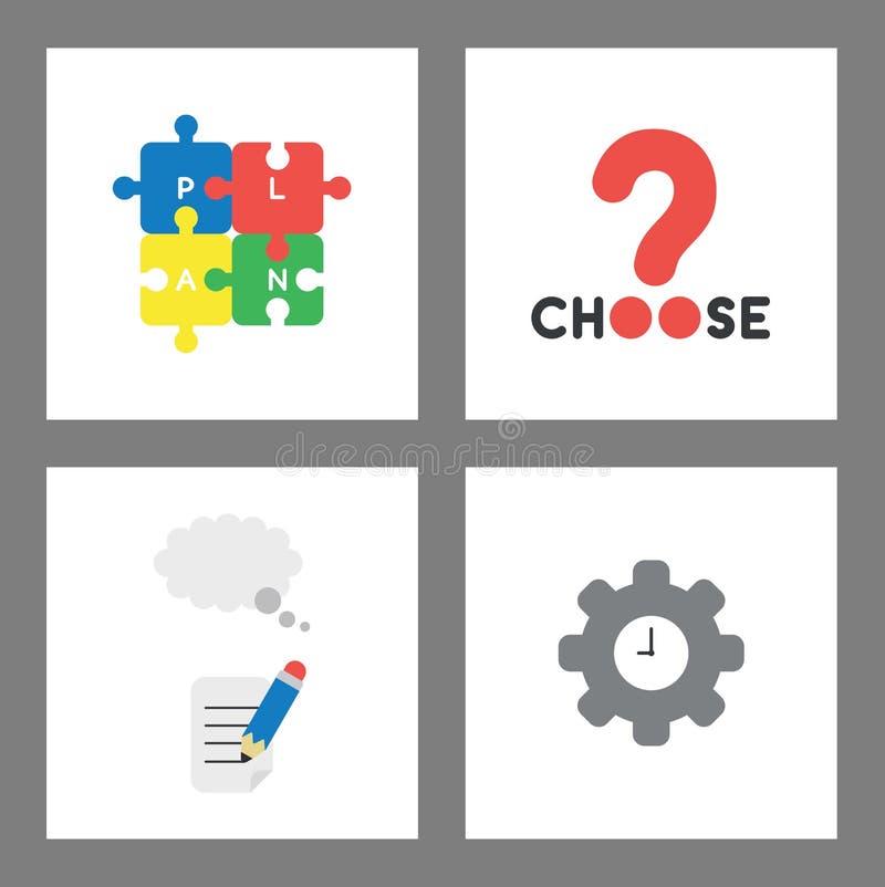 Icon concept set. Connected plan puzzle pieces, choose word with question mark, pencil writing on paper with thought bubble and stock illustration Icon concept set. Connected plan puzzle pieces, choose word with question mark, pencil writing on paper with thought bubble and stock illustration
