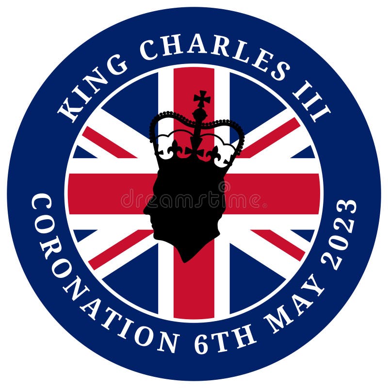 Icon for coronation of King Charles III with the Union Jack on background. Prince Charles of Wales becomes King of England. Coronation 6th May 2023.