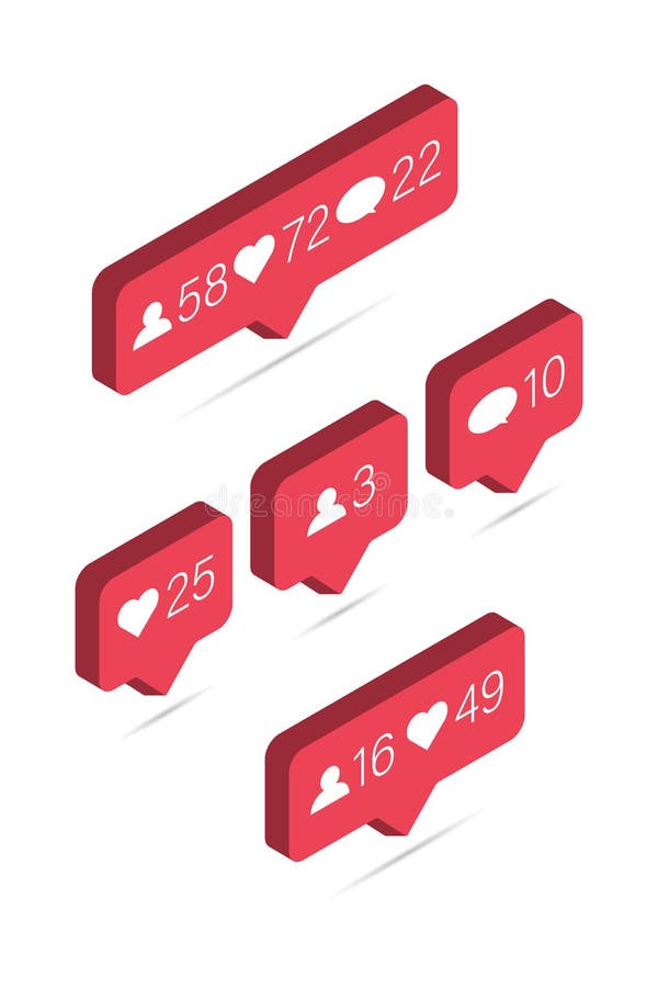 Icon of 3d like. Isometric media bubble with heart, comment and share friend. Social buttons with notification. Symbol for follow stock illustration