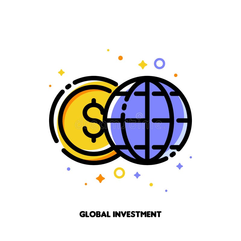 Icon des Globus und des Dollars für das Konzept globaler Investitionen oder des globalen Finanzsystems flach gefüllter Konturstil stock abbildung