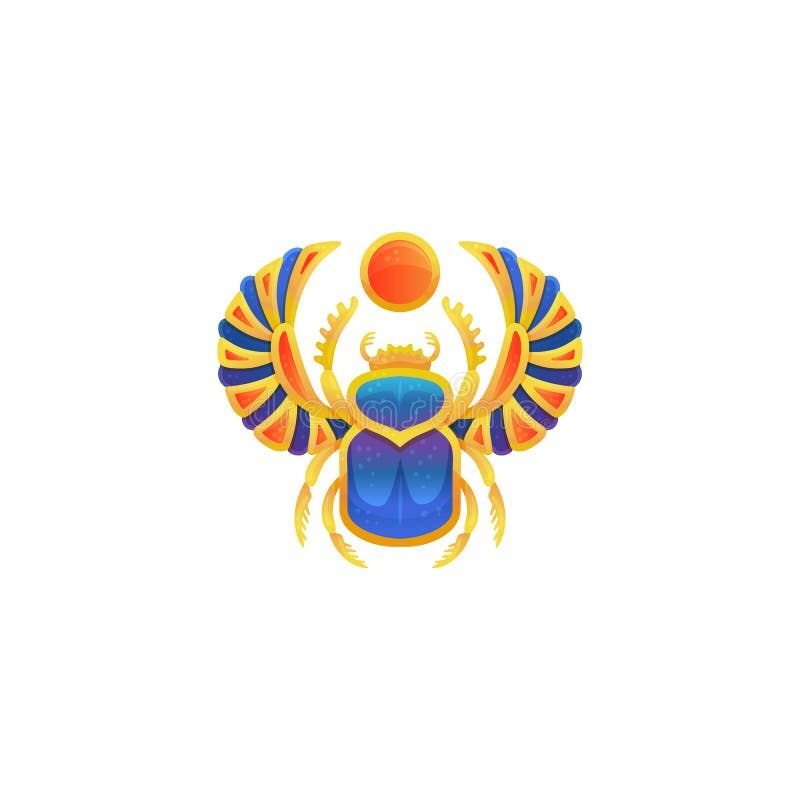 Icon of gold egyptian scarab with blue enamel flat vector illustration isolated.