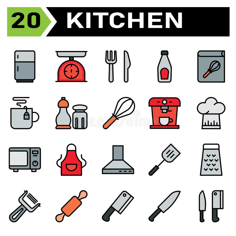 Kitchen Equipment Icon Set Include Refrigerator, Fringe, Kitchen, Equipment, Scales, Scale