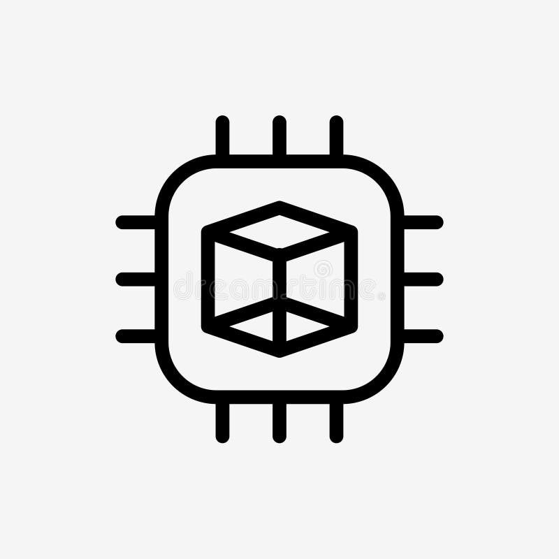 Icon Line microchip processor gpu for rendering 3d design. stock illustration
