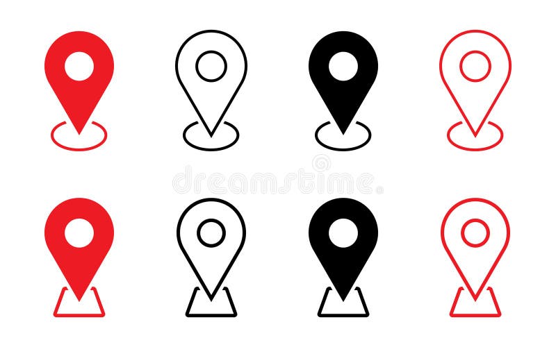 Location icon set map pointer pin sign symbol red black outline destination icon place address navigation locator stock illustration