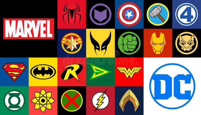 Icon, logo, top Superhero comics Marvel & DC, Vector editorial illustration