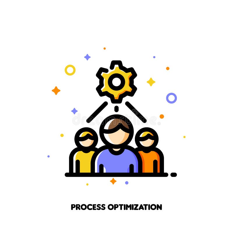 Icon mit Geschäftsteam und Getriebe als Arbeitssymbol für das Konzept der Projektentwicklungs-Optimierung flach gefüllter Konturs stock abbildung