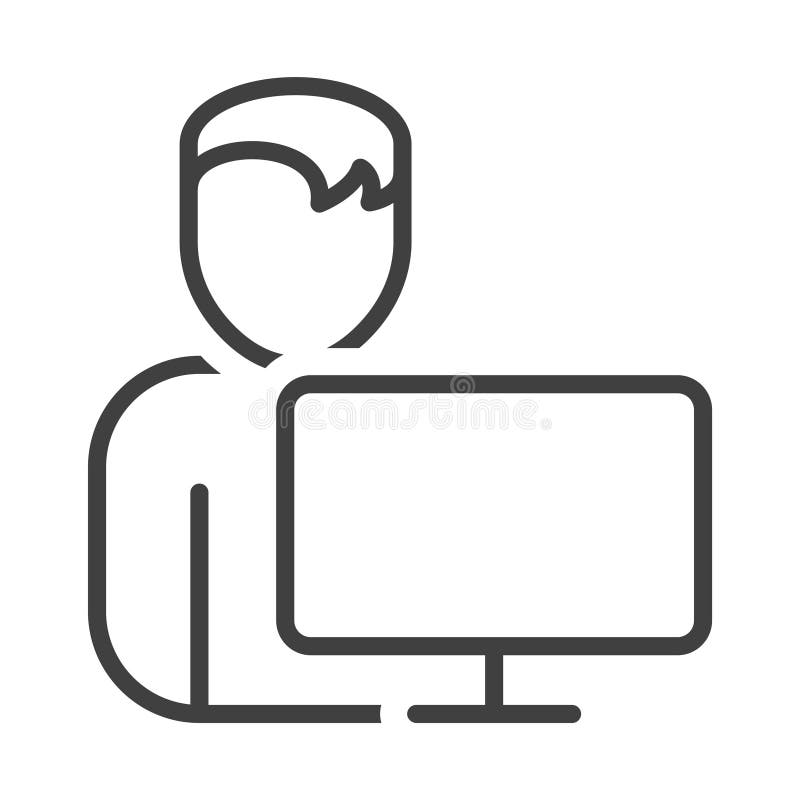 The icon of the person at the computer. Simple linear image halves nahodyaschegossya man behind the monitor of a stock illustration