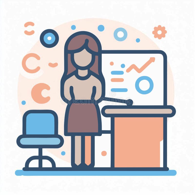 Icon of a person in a office setting, illustrated in a flat design style who make a presentation