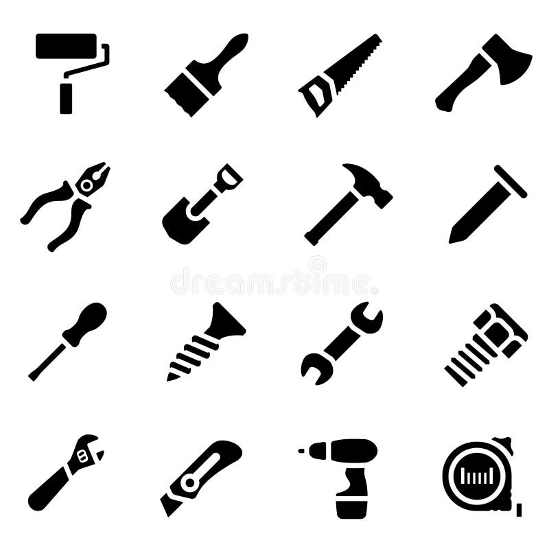 Icon set of black simple silhouette of work tools in flat design royalty free illustration Icon set of black simple silhouette of work tools in flat design royalty free illustration