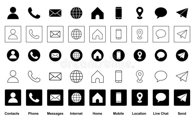 Icon set phone, contact, web, home, email, location, send, share, chat, message, telephone, browser, address, mobile stock illustration