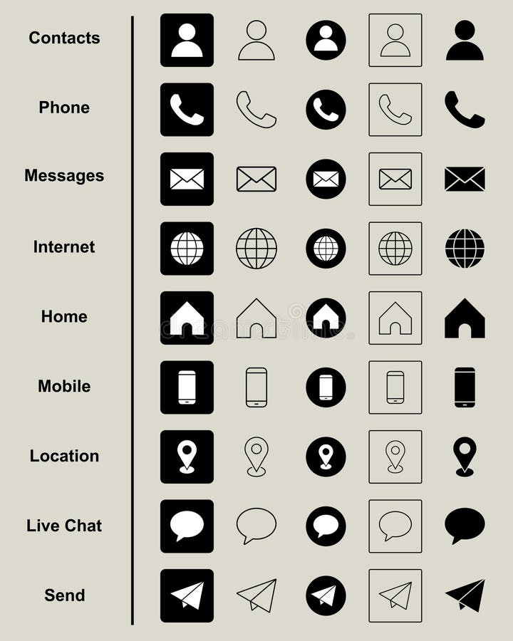 Icon set phone, contact, web, home, email, location, send, share, chat, message, telephone, browser, address, mobile stock illustration