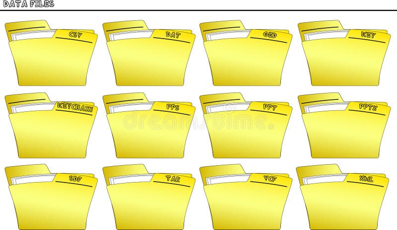 An icon set with a yellow folder for every type of file, each folder is named with the extension of the filename - vector. Pps vector vectors