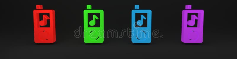 Icona colorata del lettore musicale isolata in fondo nero. dispositivo musicale portatile. minimalismo concetto 3d rendering illustrazione vettoriale