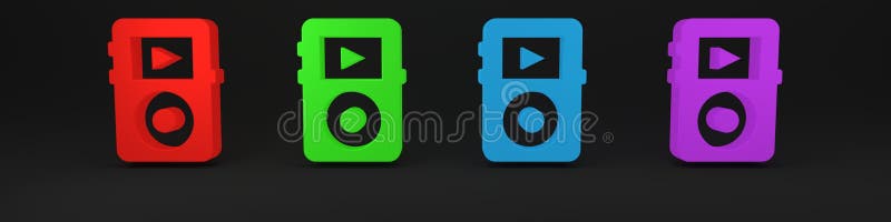 Icona colorata del lettore musicale isolata in fondo nero. dispositivo musicale portatile. minimalismo concetto 3d rendering illustrazione di stock
