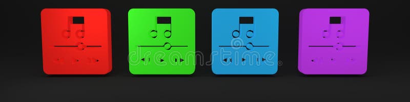 Icona colorata del lettore musicale isolata in fondo nero. dispositivo musicale portatile. minimalismo concetto 3d rendering illustrazione di stock
