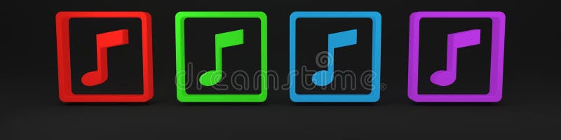 Icona colorata del tono della nota musicale isolata in fondo nero. concetto di minimalismo illustrazione 3d rendering illustrazione vettoriale