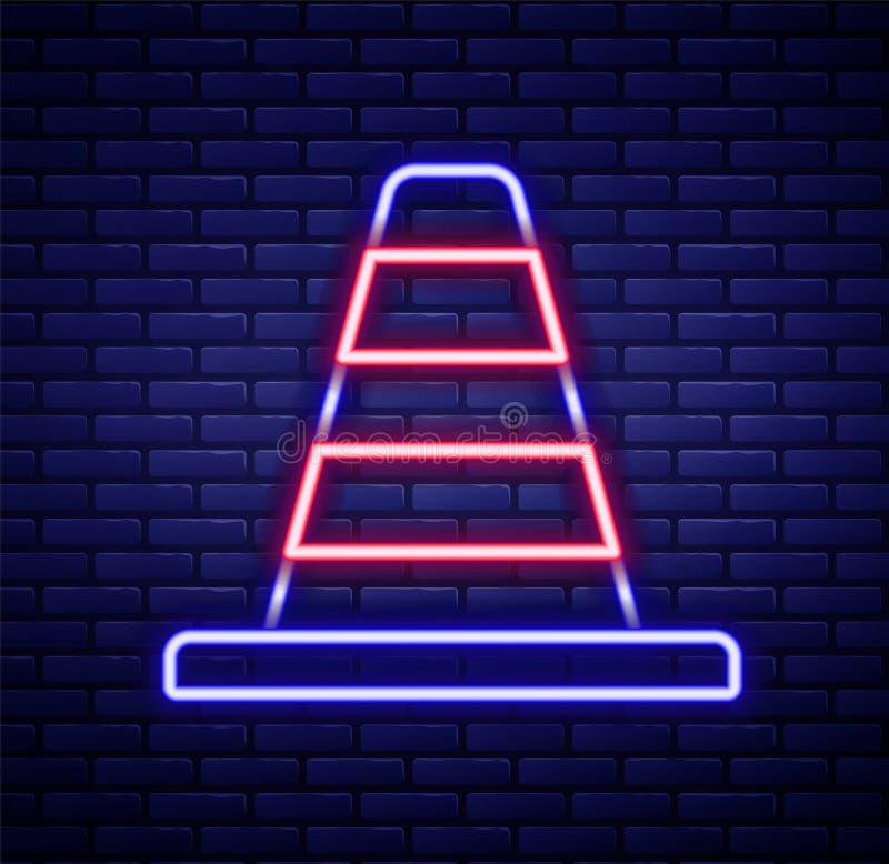 Icona del cono del traffico della linea di neon isolato sullo sfondo della parete del mattone. concetto di struttura colorata. vet illustrazione di stock