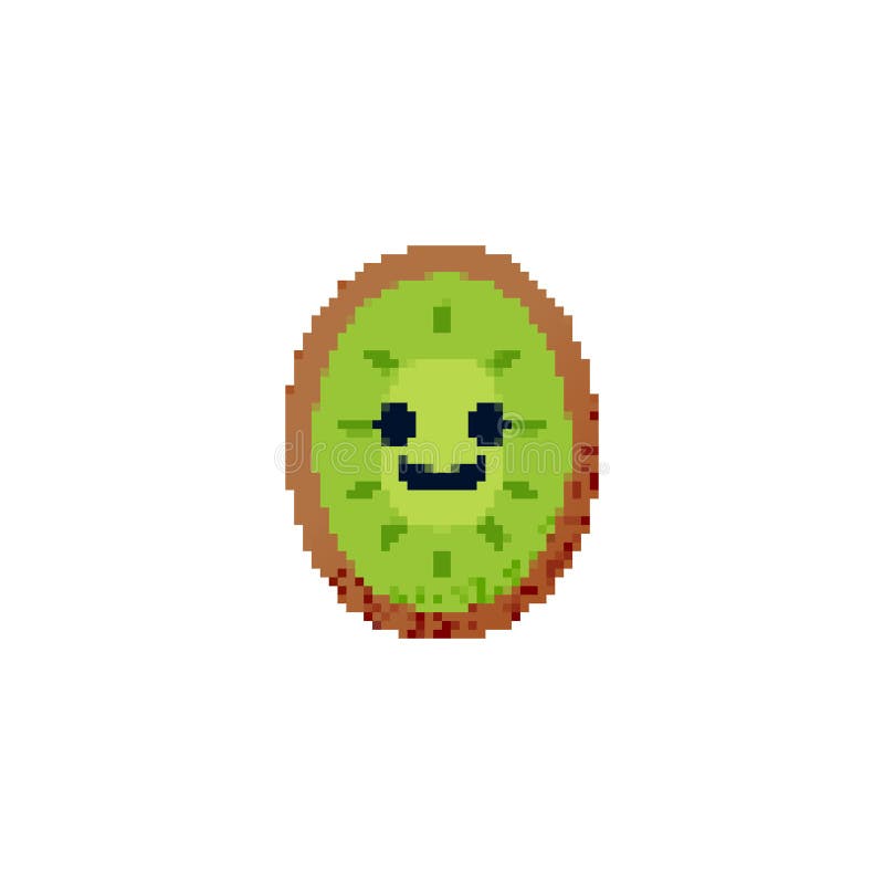Icona del kiwi pixelato con una faccia sorridente. Pixel art di una fetta di kiwi allegra con un design elegante illustrazione vettoriale