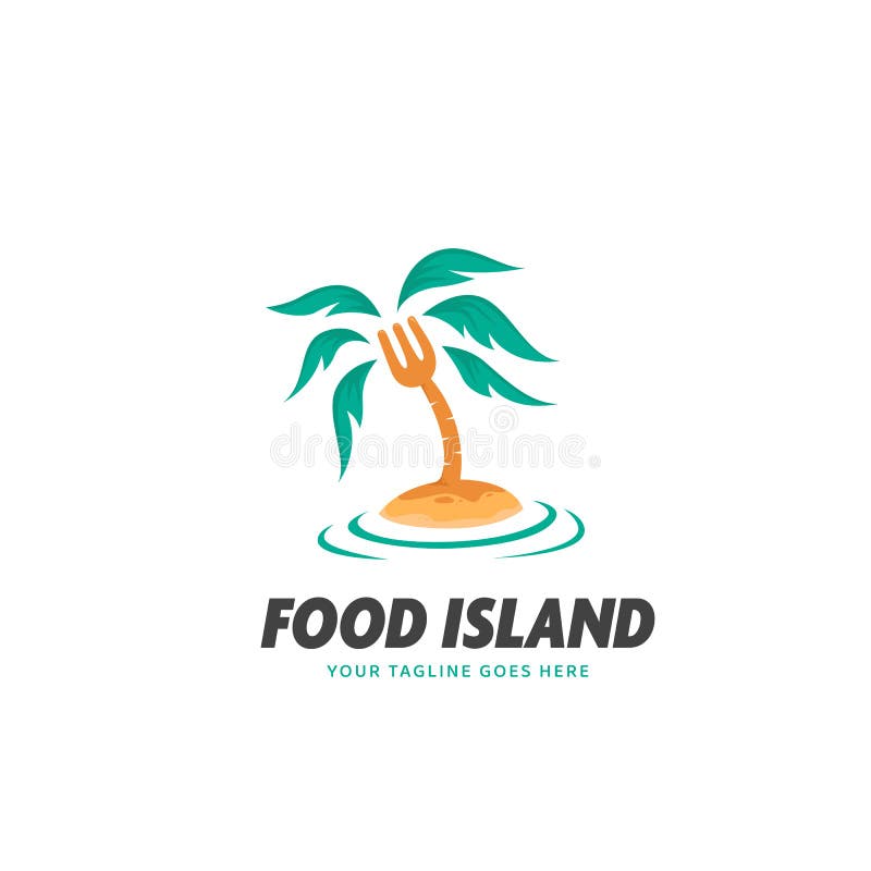 Icona del logo dell'isola alimentare con forchetta come palma sull'isola isolata illustrazione di stock