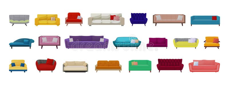 Icona del set di vignette isolato sul divano. divano illustrativo vettoriale su fondo bianco . icona dell'arredamento.
