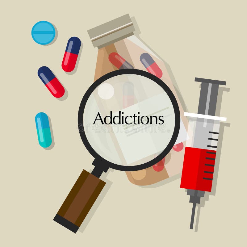 Icona dell'illustrazione di vettore della dose eccessiva delle pillole dei tossicomani di dipendenze