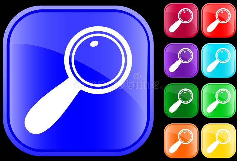 Icon of magnifying glass on shiny square buttons. Icon of magnifying glass on shiny square buttons