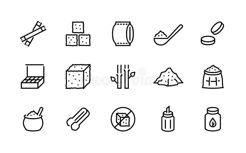 Icona della linea dello zucchero Prodotti dolcificanti, sacchetti di canna da zucchero e imballaggi, pictogrammi di zucchero orga