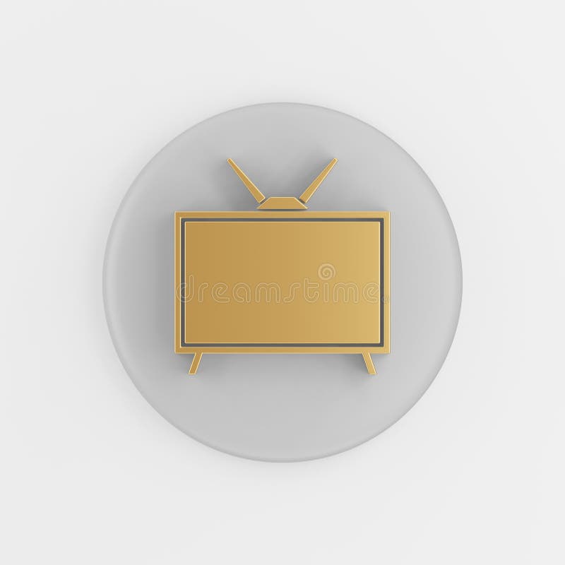Icona della tv catadiottrica dorata in stile piatto 3d rendering rotondo tasto grigio interfaccia ui elemento ux illustrazione di stock