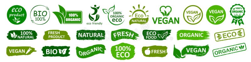 Icona delle etichette biologiche naturali biologiche, distintivi per la salute degli alimenti, alimenti freschi ecovegetariani -