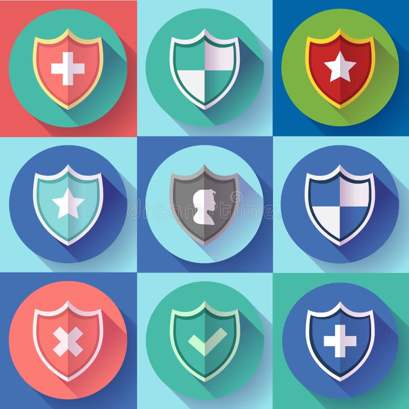 Security shield icon set - protection symbols. Flat design style. Security shield icon set - protection symbols. Flat design style