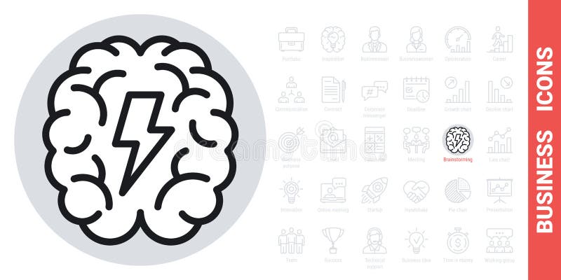 Icona di brainstorming o brainstorming. cervello umano con un fulmine all'interno. versione in bianco e nero illustrazione di stock