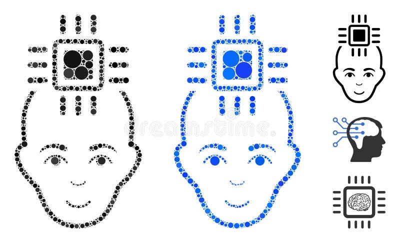 Icona di composizione dell'interfaccia neurale computer dei cerchi. Mosaico di interfaccia neurale per computer di cerchi pieni in diverse dimensioni e tinte di colore, basato sull'icona dell'interfaccia neurale per computer I cerchi pieni vettoriali sono organizzati in mosaico blu