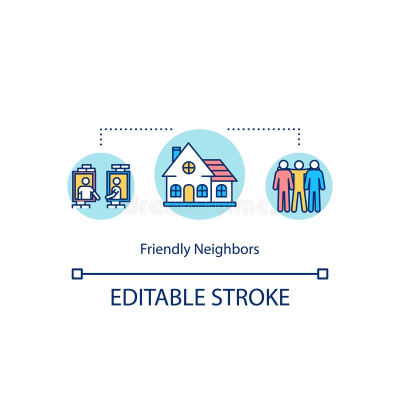 Friendly neighbors concept icon. Good relationship in suburbs. County living. Neighbourhood community idea thin line illustration. Vector isolated outline RGB color drawing. Editable stroke. Friendly neighbors concept icon. Good relationship in suburbs. County living. Neighbourhood community idea thin line illustration. Vector isolated outline RGB color drawing. Editable stroke