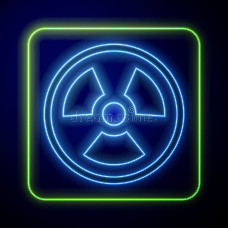 Icona di neon radioattivo isolata su fondo blu. simbolo tossico radioattivo. segnale di pericolo per le radiazioni. vettore