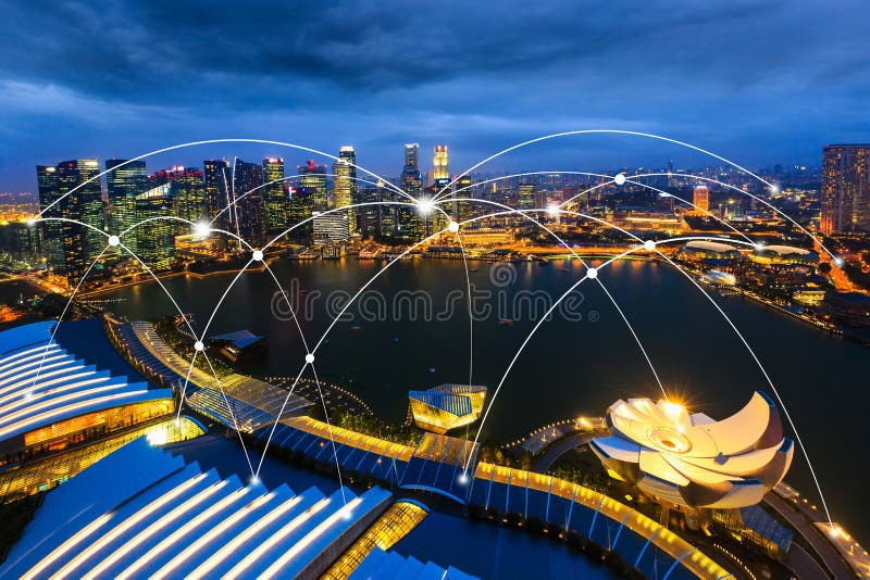 Icona di Wifi e concetto dello scape e della connessione di rete della città, città astuta immagine stock Icona di Wifi e concetto dello scape e della connessione di rete della città, città astuta immagine stock