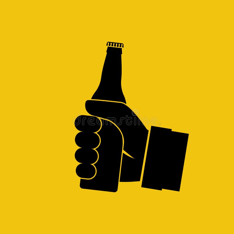 Beer in hand icon. Isolated black silhouette on background. Man holding pictogram bottle without label. Vector illustration flat design. Beer in hand icon. Isolated black silhouette on background. Man holding pictogram bottle without label. Vector illustration flat design.