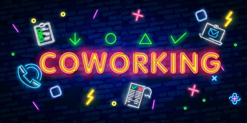 Icona leggera al neon di Coworking Lavoro d'ufficio freelancing Colleghi che lavorano con i computer portatili Segno d'ardore con illustrazione vettoriale Icona leggera al neon di Coworking Lavoro d'ufficio freelancing Colleghi che lavorano con i computer portatili Segno d'ardore con illustrazione vettoriale