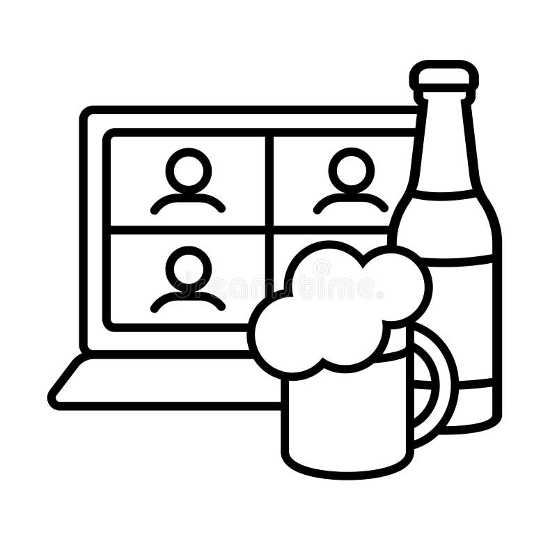 Beer alcoholic online party linear icon. Screen monitor with chat friends and bottle of malt and glass of floam beer. Social distance. Contour symbol. Vector outline drawing. Editable stroke. Beer alcoholic online party linear icon. Screen monitor with chat friends and bottle of malt and glass of floam beer. Social distance. Contour symbol. Vector outline drawing. Editable stroke