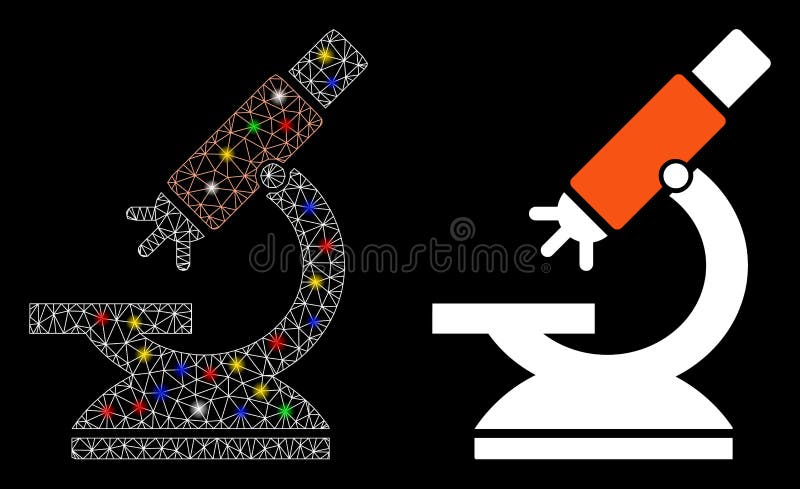 Icona Microscopio a maglia luminosa con macchie chiare. Icona di microscopio a maglie soffianti con effetto di riflesso Modello illuminato astratto di microscopio labs Microscopio a microscopio per laboratori di rete triangolari con cavi metallici scintillanti